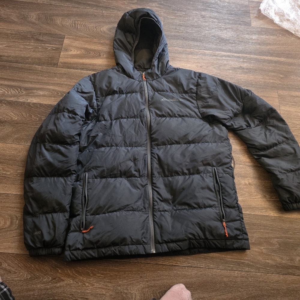 Eddie Bauer Black Quilted Hooded Puffer Jacket with Orange Zipper Accents